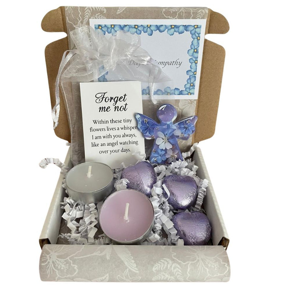 Gift set with candles, card, and forget me not angel ornament in a box, with gift card of your choice.