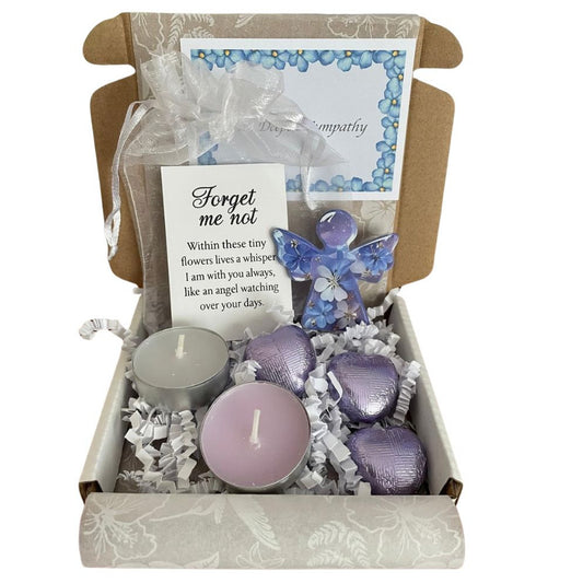 Gift set with candles, card, and forget me not angel ornament in a box, with gift card of your choice.