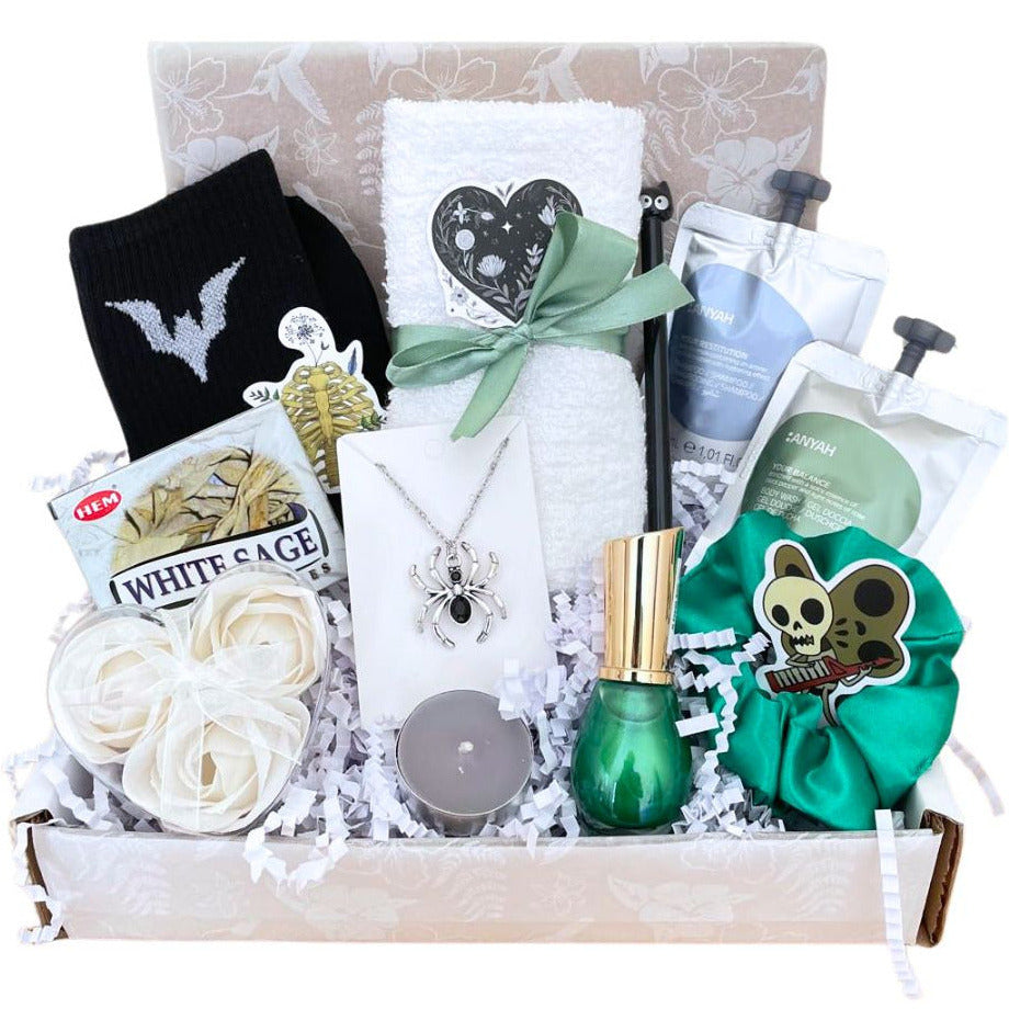 Gothic Gift box for lady, filled with beauty treats, Body wash, Shampoo, scrunchie, nail varnish, candle, petal soap, spicder necklace, sage insence, Cat pen, stickers, Face towel, Bat socks packed in to a box with tissue and card of your choice, Suitable for birthday, christmas, halloween and more.
