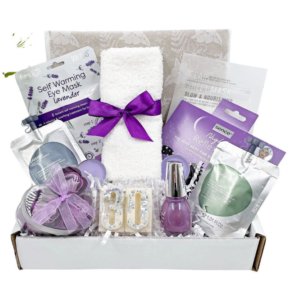 30th birthday self care pamper gft bx for a women. including face towel, self heating eye mask, nail polish, hand made wax melt, soap body wash, shampoo and othr pamper treats, presented in a gift box with gift card of your choice.