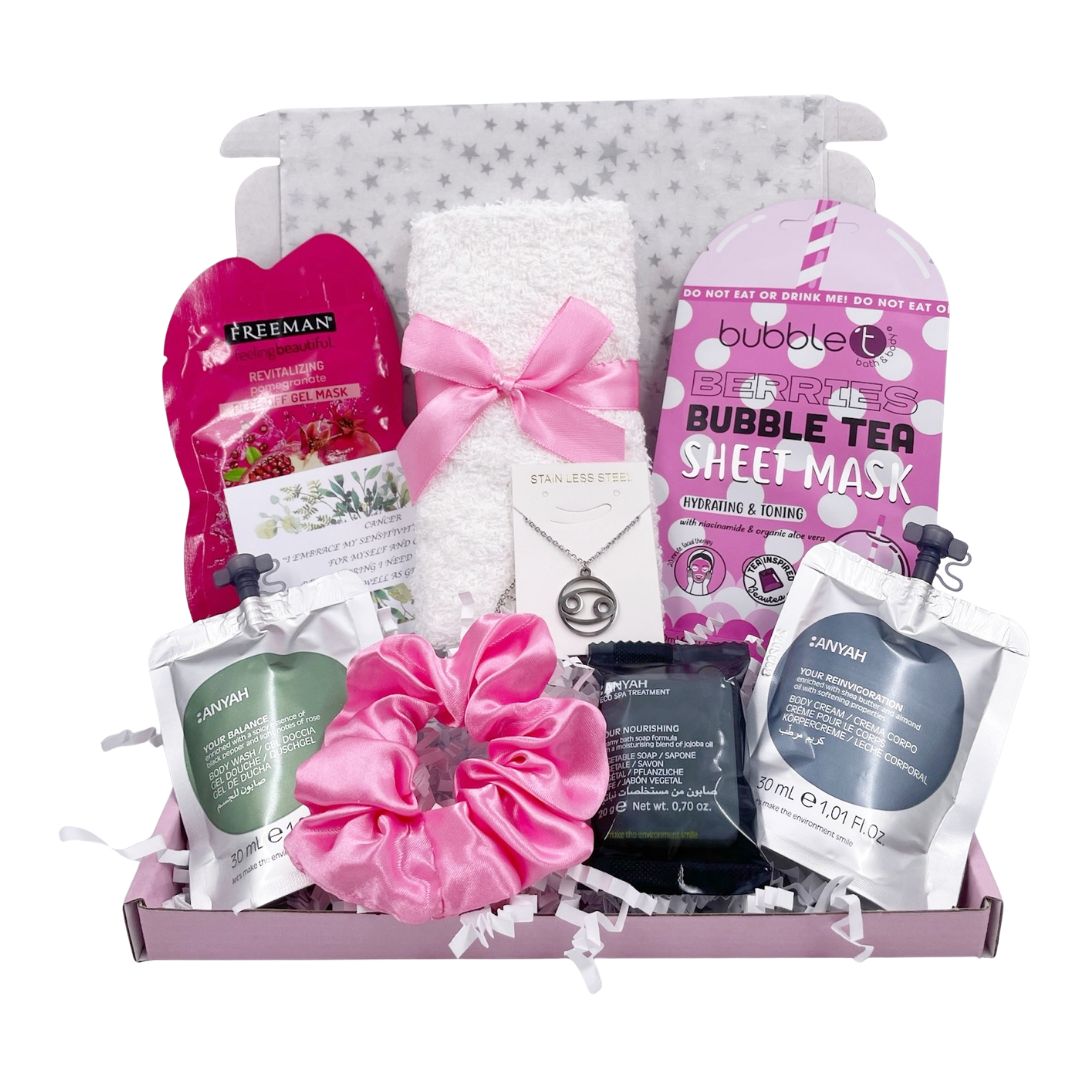 Gift for cancerian, born in jun or july. Zodiac gift for cancer sign of the crab, includes a cancerian necklace, toiletries, and hair scrunchie, gift box and card.