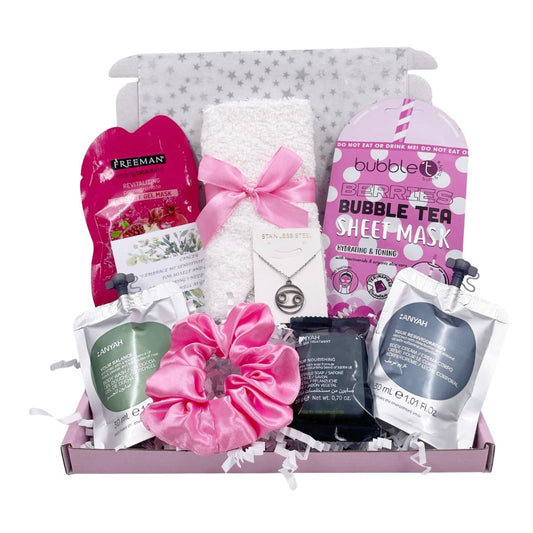 Gift for cancerian, born in jun or july. Zodiac gift for cancer sign of the crab, includes a cancerian necklace, toiletries, and hair scrunchie, gift box and card.